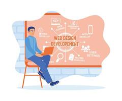 IT expert develops website using laptop. Web development icons are drawn on the board. Web design concept. Flat vector illustration.