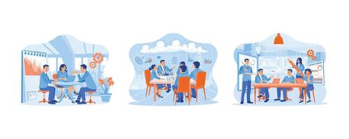 Business people are sitting at the office desk. Working and talking together. Dialogue and communication. Team of people sitting at desk with laptops concept. Set Flat vector illustration.