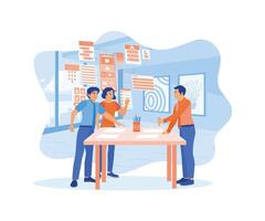 IT experts were discussing business ideas in the office. Developing mobile application software in modern office. Teamwork meeting concept. Flat vector illustration.