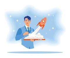 Young entrepreneur improves ranking in search engines. Rocket icon launching from tablet. Rocket is launching the boost concept. flat vector modern illustration