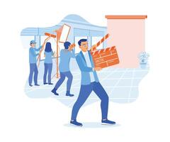 Camera assistant holding clapperboard. Behind the scenes of the filmmaking process in the studio. Film Production Concept.Flat vector illustration.