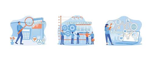 Benchmarking concept. Business people development business efficiency. Using digital tablet and laptop to analysis benchmarking. Set Flat vector illustration.