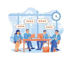 Businesspeople are gathering in the meeting room. Exchange ideas and discuss ideas for new projects. Teamwork meeting concept. Flat vector illustration.