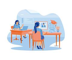 Two women sitting in front of a computer. Managers provide instructions to assistants for education and training. Woman with phone calling to customer support service concept. vector