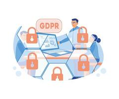 hombre con ordenador portátil conjunto general datos proteccion, información seguridad concepto. el general datos proteccion regulación o gdpr concepto. plano vector moderno ilustración