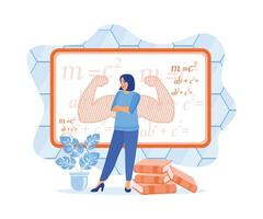 inteligente mujer en pie en frente de un pizarra. joven, fuerte profesor enseñando su estudiantes en clase. superación personal concepto. plano vector ilustración.