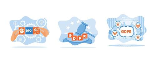 Hand holding block with DPO icon. Justice mallet and GDPR acronym. General Data Protection Regulation. general rules for data protection concept. Set Flat vector illustration.