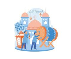 Children perform takbir at the mosque. Beating the drum and chanting takbir on the eve of Eid al Fitr. Happy Eid Mubarak concept. flat vector modern illustration