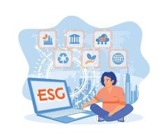 Business people use a laptop to analyze ESG data. Sustainable economic growth with renewable energy and natural resources concept. Flat vector illustration.