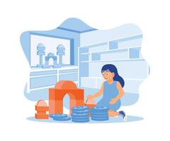 el pequeño niña manos son proteger un apilar de monedas y un casa modelo en el mesa. propiedad inversión. casa modelo equilibrar equilibrio concepto. plano vector moderno ilustración