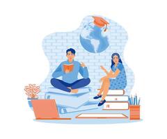 Two students sitting on a pile of books. Read and study together using a laptop. Team of people sitting at desks with laptops concept. Flat vector illustration.