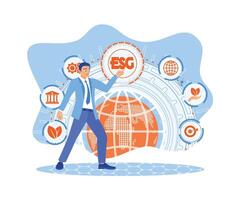 Businessman pressing ESG button on virtual screen. ESG environmental social governance business strategy investment concept. The concept of ESG icon. Flat vector illustration.