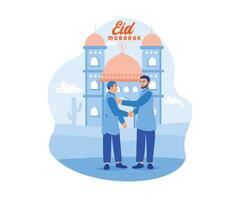 Muslim youth celebrate Eid al Fitr. Greet each other and shake hands. Happy Eid Mubarak concept. flat vector modern illustration