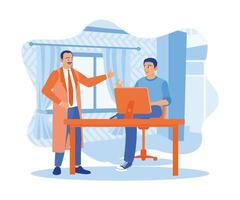 IT expert talking with the manager in the workroom. Using CAD software to develop modern industrial engineering designs. Software developers concept. Flat vector illustration.