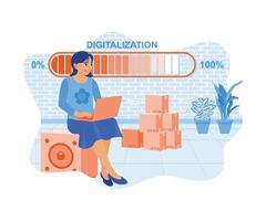 Young woman sitting on a block chair. Installing DIGITALIZATION hologram on laptop. Digital business concept. Flat vector illustration.