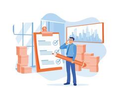 An e-commerce business owner confirms an order. Review customer addresses before sending items via parcel post. Order Confirmation concept. Flat vector illustration.