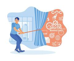 Man pulling rope and making business marketing concepts on the wall. Marketing concept. Flat vector illustration.