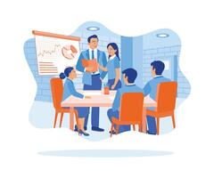 Diverse colleagues gather in the presentation room. Discussing office financial statistics with graphs and diagrams on the board. Teamwork meeting concept. Flat vector illustration.