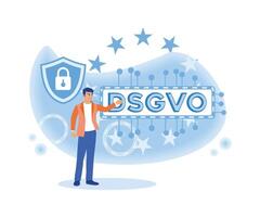 A young man is touching the gdpr concept with German text dsgvo on the touch screen. General rules for data protection gdpr. flat vector modern illustration