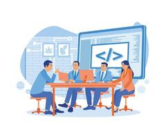 Start up  business problem solving and entrepreneurship. They sit together and solve problems in the meeting room. Discuss Information concept. trend flat vector modern illustration