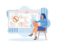 mujer utilizando web ventana buscar información web diseño concepto. plano vector ilustración.