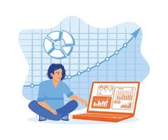 Analyzing business growth. The laptop screen displays data, graphs, and product sales growth. Growth Analysis concept. vector