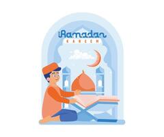 The boy reads the Quran with mosque decorations and a crescent moon. Ramadan Kareem and Ramadan Mubarak greeting design concept. flat vector modern illustration