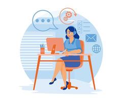 Female assistant working in call center office. Receive calls from clients 24 hours a day. Woman with phone calling to customer support service concept. vector