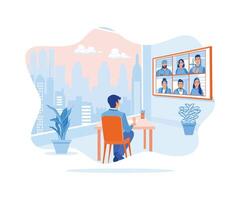 Young man making video calls with friends and family on LCD screen. Host a party from home. Virtual Relationships concept. Flat vector illustration.