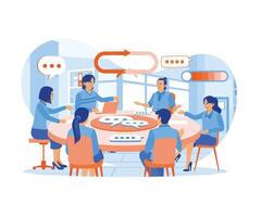 People meet in the office to discuss the concept of communication in social networks. Team communication. flat vector modern illustration
