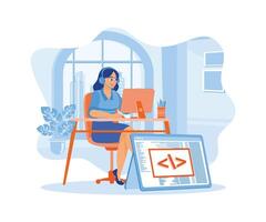 Young woman wearing headphones while working from home. Developing software on computers. Software developers concept. Flat vector illustration.