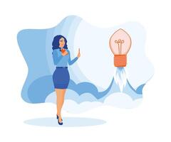 A young woman is standing holding a mobile phone and pen. Looking for ideas to start a new business. Successful career take of concept. flat vector modern illustration