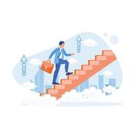 un empresario con un maletín camina arriba el escaleras. en contra el fondo de un brillante ciudad vista. carrera desarrollo concepto. tendencia plano vector moderno ilustración