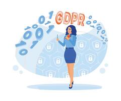 A woman working with information is standing and holding a mobile phone in her left hand. General Data Protection Regulation. The General Data Protection Regulation or GDPR Concept. vector