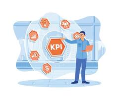 Men use business internet technology to analyze business target achievements. KPI concept. flat vector modern illustration