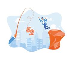 A businessman jumps off a cliff. Catch the gold dollar symbol on the hook. Finance control scenes concept. flat vector modern illustration