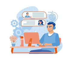 Friendly man wearing a headset talking to a client and looking at a computer screen. Woman with phone calling to customer support service concept. Flat vector illustration.