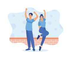 Happy young couple dancing and jumping together. Celebrating victory at home. Celebration concept. Flat vector illustration.