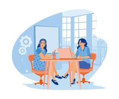 The businesswoman is working at the computer. A team of people sitting at a desk with laptops. flat vector modern illustration