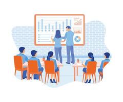 Two businessmen are having a meeting with colleagues in the office. Analyzing financial data graphs on a digital screen. Finance control scenes concept. flat vector modern illustration