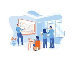 The business team is analyzing financial reports on the LCD screen. Using a laptop and documents in the meeting room. Business analysis concept. Flat vector illustration.