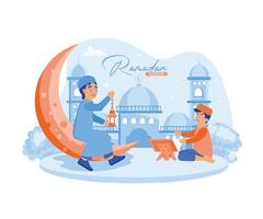 el chico es sentado en un creciente Luna y que lleva un linterna. un chico se sienta en el piso y lee el corán Ramadán kareem y Ramadán Mubarak saludo diseño concepto. plano vector moderno ilustración