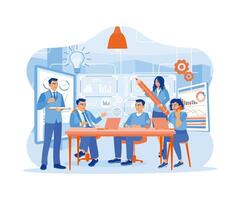 Group of office workers working in an office or co-working space. Dialogue and communication at work between colleagues. A team of people is sitting at desks with laptops. vector