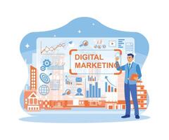 The businessman is standing in the data center room. Optimize search engines on virtual screens and tablets to enhance digital marketing. Digital marketing networking on modern interface concept. vector