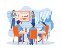 Diverse businesspeople listen to the meeting leader's explanation. Analyze growth data, graphs, and financial statistics in the meeting room. Finance control scenes concept. Flat vector illustration.