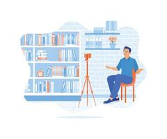 Adult man sitting indoors. Presenting something in front of a cellphone screen mounted on a tripod. Content Creator concept. Flat vector illustration.