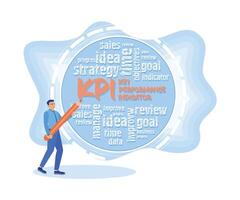 Businessman writing key performance indicators word cloud on screen. Smart KPI concept. flat vector modern illustration