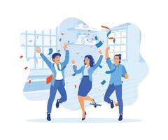 A group of happy young businessmen standing inside the house. Jumping while throwing confetti together, celebrating a party at home. Celebration concept. Flat vector illustration.