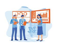 The company operations manager held a presentation with the business team in the meeting room. Employees are working. Business analysis concept. Flat vector illustration.