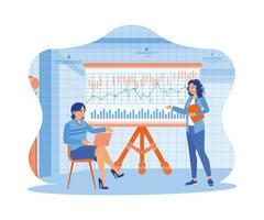 Two businesswomen using laptop and documents in meeting room. Office financial analysis with charts, graphs and candlesticks on flip board. Finance and innovation concept. vector